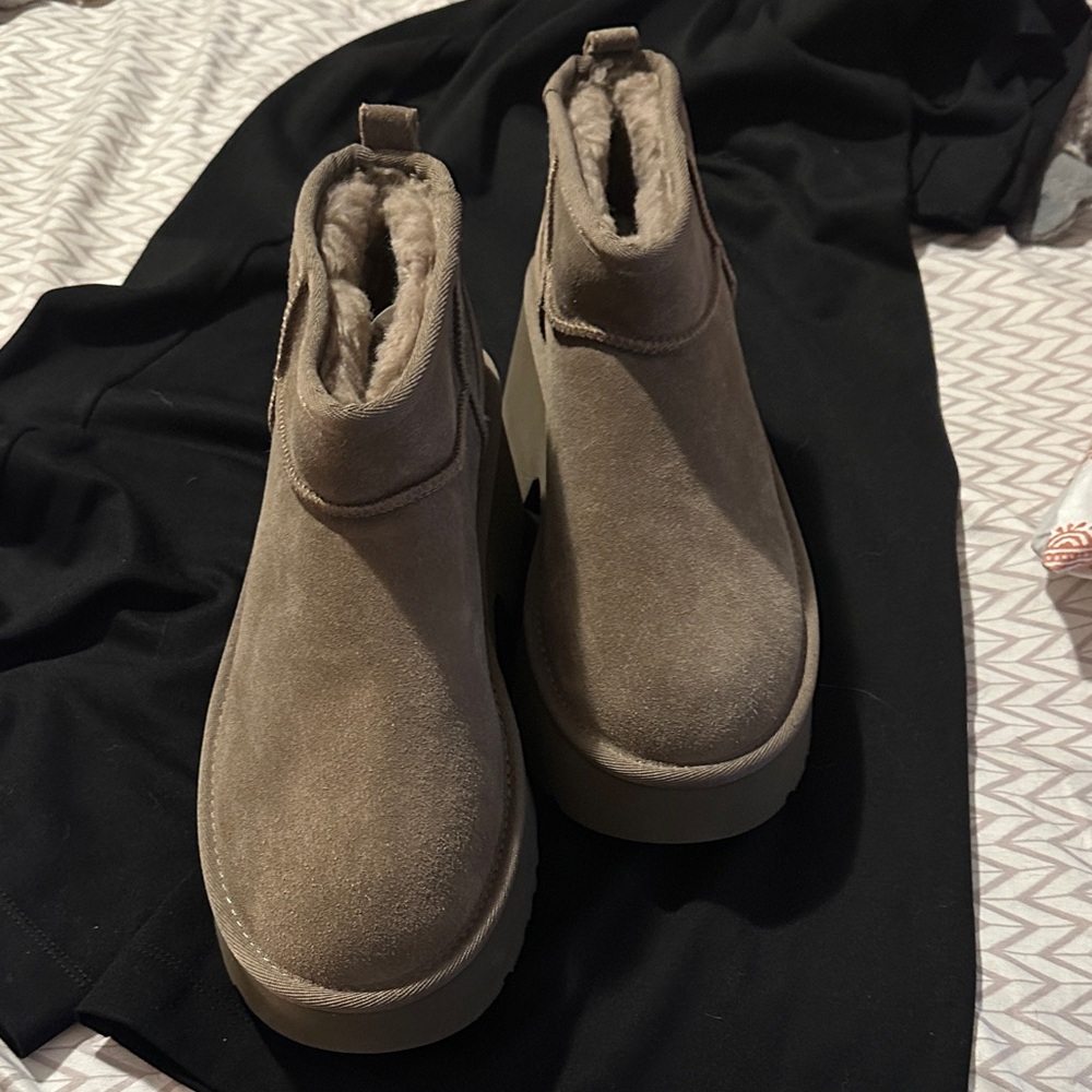 UGG Taupe Suede Platform Ankle Booties with Faux-Fur